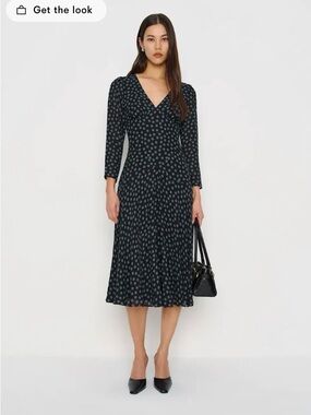 Reformation Black Midi Dress with Gray Polka Dots